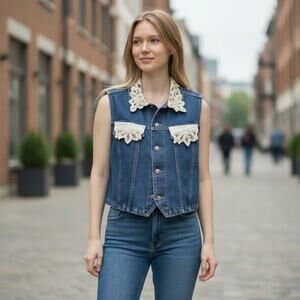Vintage E Clair Blue Lace Trim Crop Cropped Denim Jean Vest Tank Small Western
